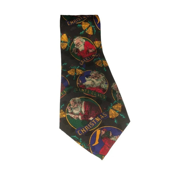 STUDIO 890 Santa Claus Christmas Xmas Men's Neck Tie Bells Holly Leaves Handmade - Picture 2 of 6